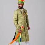 Spring Bug and Golden Brocade Designer Royal Rajputana Achkan | Jaipurio